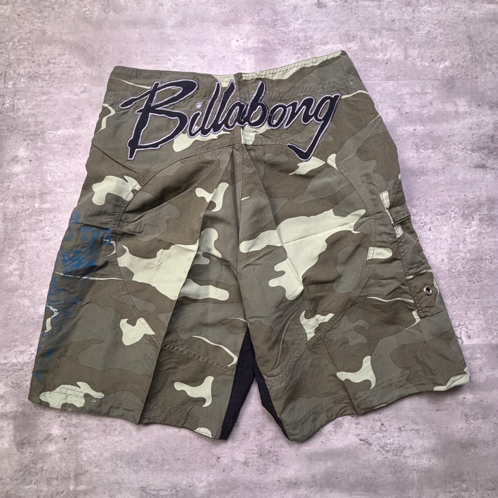 Billabong Board Shorts 30 Green Camo Blue Print Y2K Deadstock Vintage